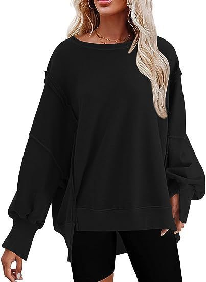 Damen Oversize Sweatshirt mit Ballonärmeln und seitlichen Schlitzen Heidi-Mode