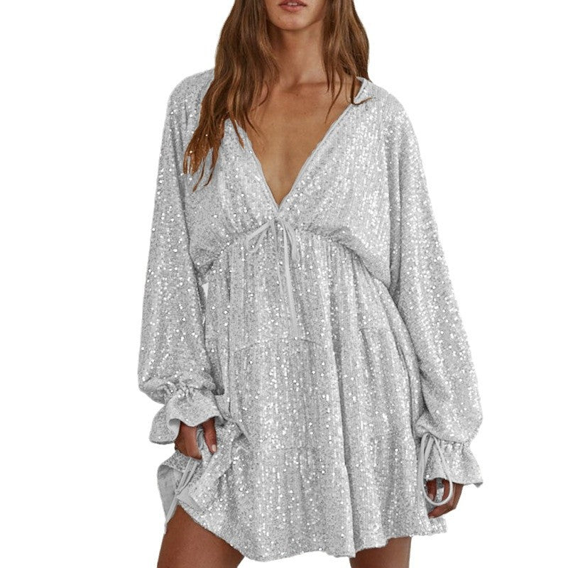 Damen Funkelndes Festkleid mit V-Ausschnitt und Rüschendetails Heidi-Mode