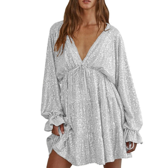 Damen Funkelndes Festkleid mit V-Ausschnitt und Rüschendetails Heidi-Mode