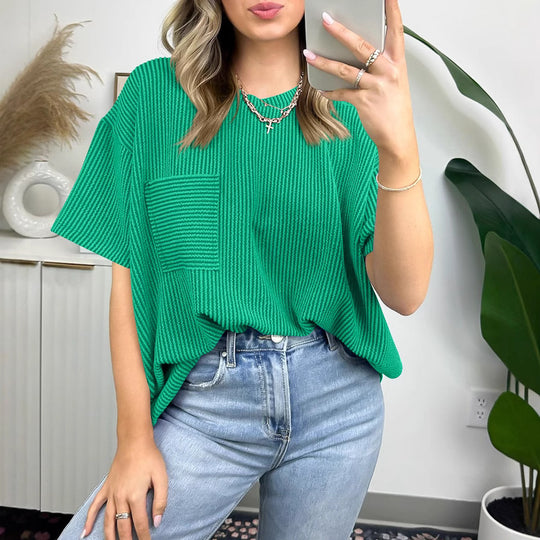 Damen lässiges gestreiftes T-Shirt mit Brusttasche Heidi-Mode