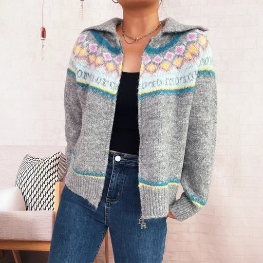 Damen Strickjacke mit buntem Muster und hochwertigem Reißverschluss Heidi-Mode