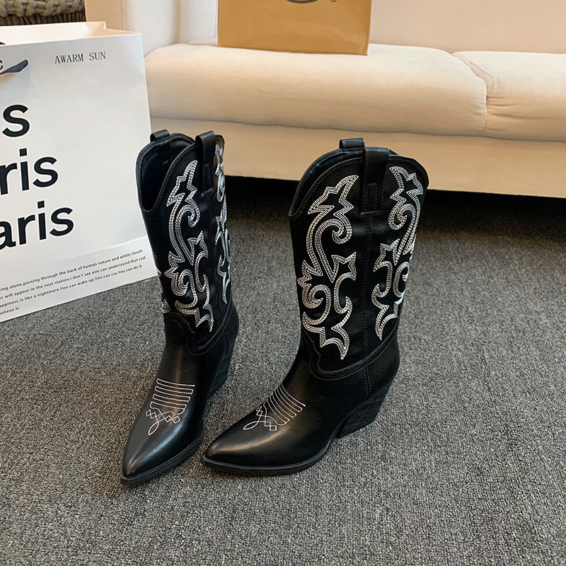 Damen Cowboy-Stiefel mit eleganter Stickerei und modernem Wedge-Design Heidi-Mode