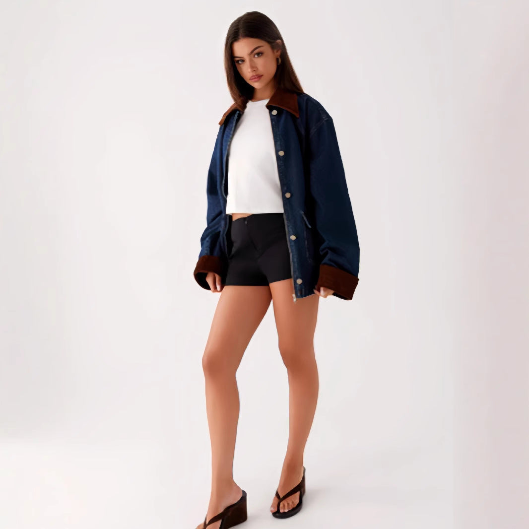 Damen Denimjacke mit Kapuze und kontrastierenden Ärmeln Heidi-Mode