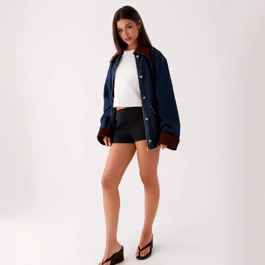 Damen Denimjacke mit Kapuze und kontrastierenden Ärmeln Heidi-Mode