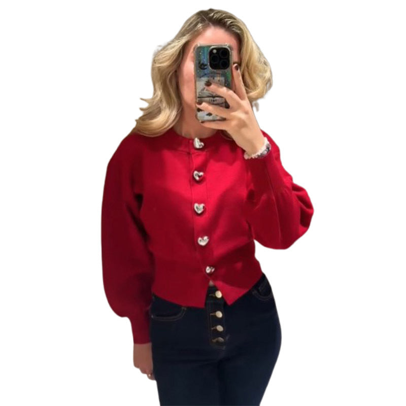 Damen Pullover mit Herzknöpfen und Puffärmeln Heidi-Mode