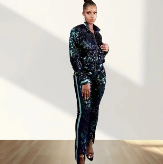 Damen Glitzerndes Sportanzug-Set mit trendigen Streifen Heidi-Mode