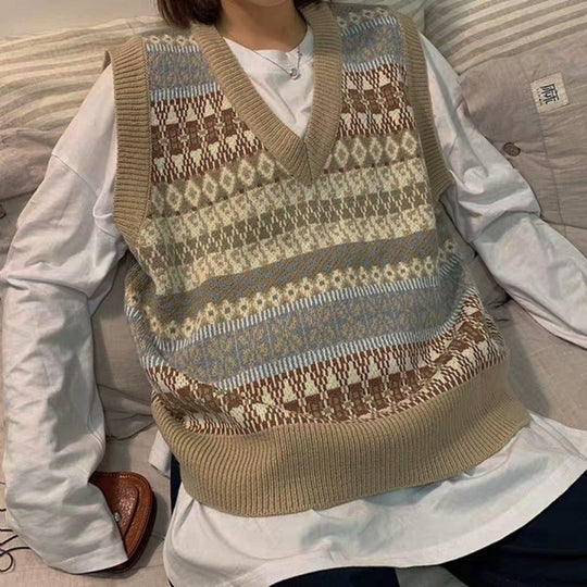 Damen Ärmellose Strickweste mit V-Ausschnitt und Muster Heidi-Mode