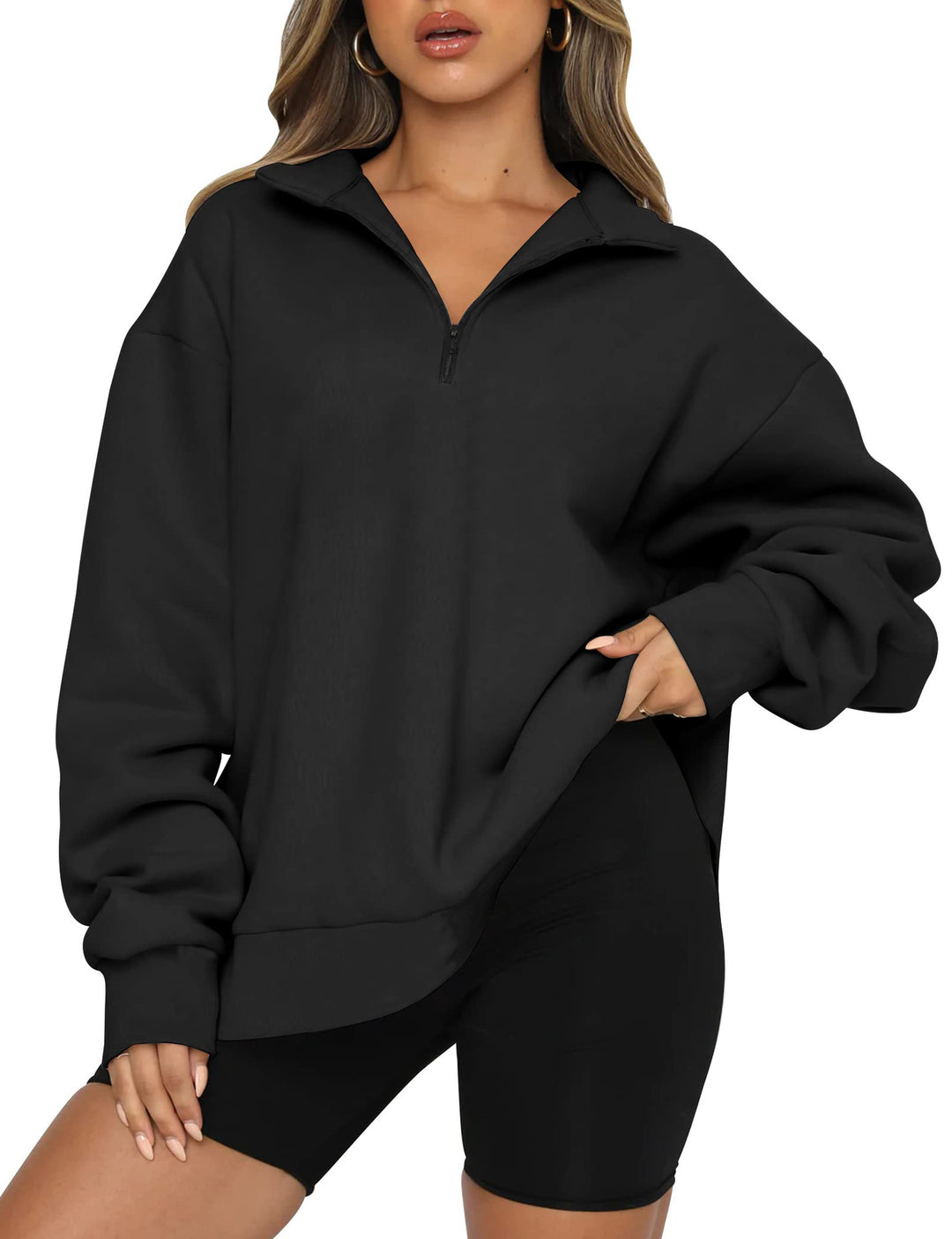 Damen Oversized Sweatshirt mit kurzem Reißverschluss und lässigem Schnitt Heidi-Mode