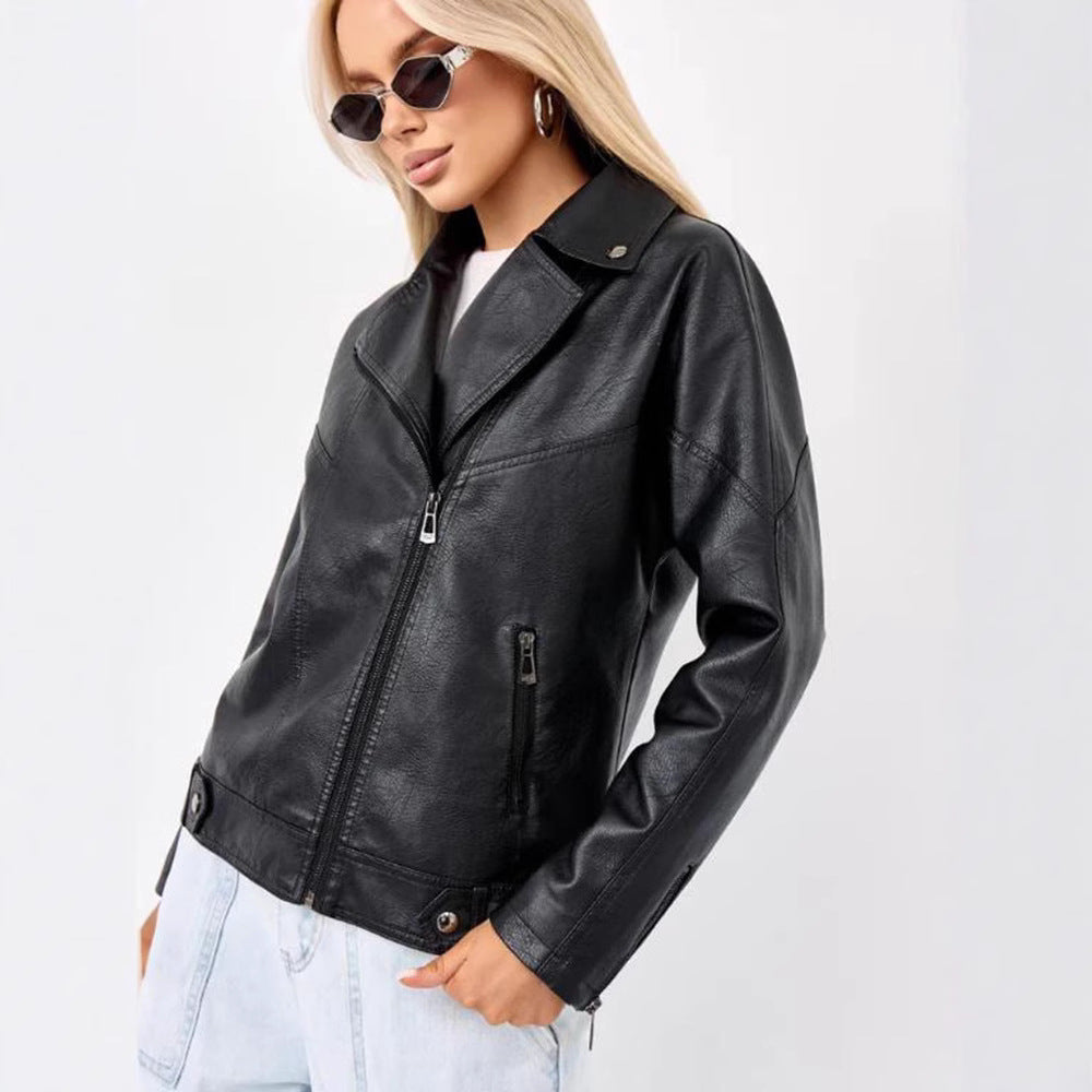 Damen hochwertige Kunstlederjacke im Biker-Stil mit asymmetrischem Reißverschluss Heidi-Mode