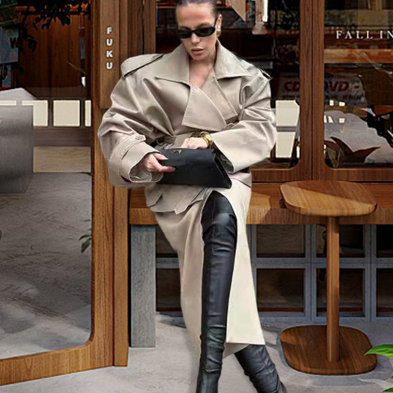 Damen Oversized Trenchcoat mit hochgeschlossenem Kragen und weiten Ärmeln Heidi-Mode