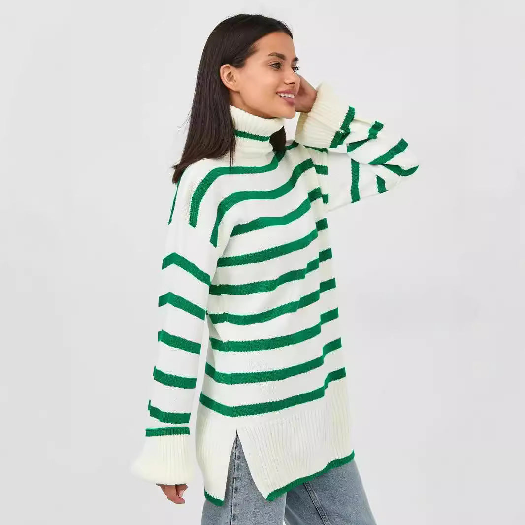 Damen gestrickter Rollkragenpullover mit modernem Streifenmuster und weitem Schnitt Heidi-Mode