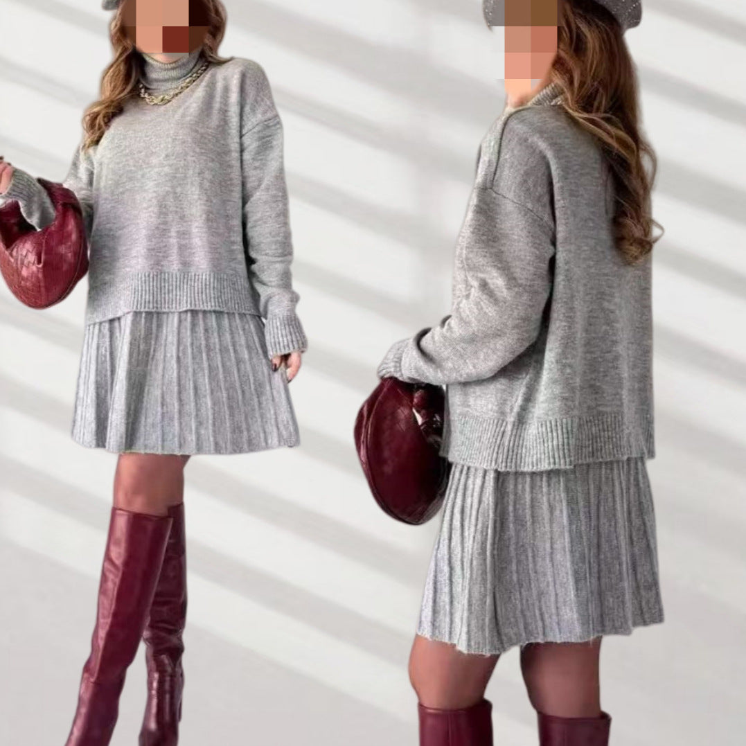Damen Oversized Strickpullover mit hochwertiger Rippstruktur und passendem Minirock Heidi-Mode
