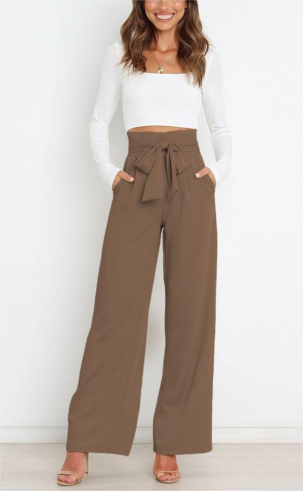 Damen Weit geschnittene High-Waist-Hose mit Binde-Gürtel und Taschen Heidi-Mode