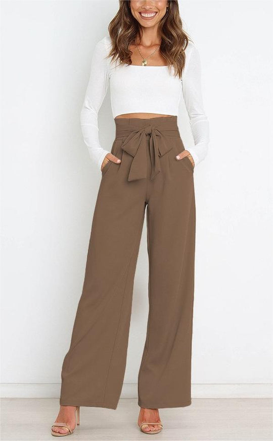 Damen Weit geschnittene High-Waist-Hose mit Binde-Gürtel und Taschen Heidi-Mode
