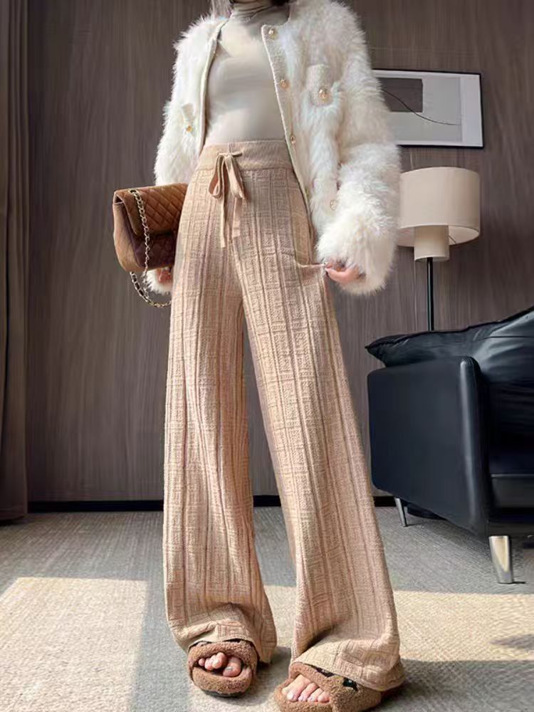 Damen Weit geschnittene Leinenhose mit elastischem Bund und gestreiftem Design Heidi-Mode