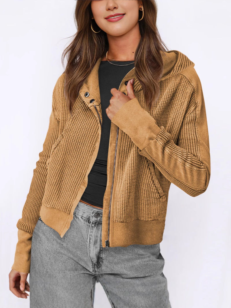 Damen lässige Zip-Jacke mit Kapuze und strukturiertem Design Heidi-Mode