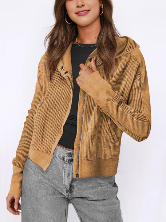 Damen lässige Zip-Jacke mit Kapuze und strukturiertem Design Heidi-Mode
