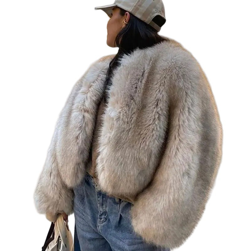 Damen Flauschige Kurzjacke aus Kunstpelz mit voluminösen Ärmeln Heidi-Mode