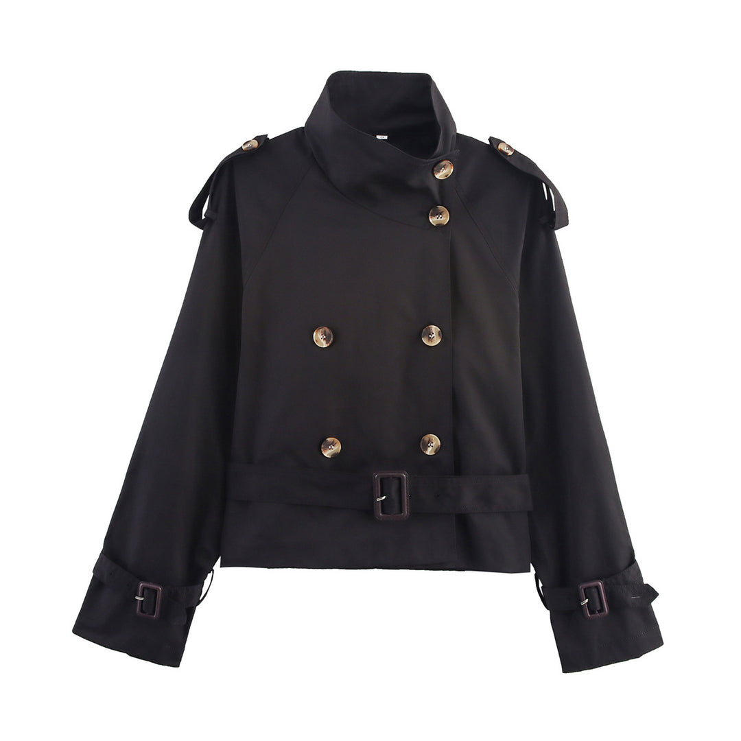 Damen modischer Trenchcoat mit hoch geschlossenem Kragen und praktischen Schulterriegeln Heidi-Mode