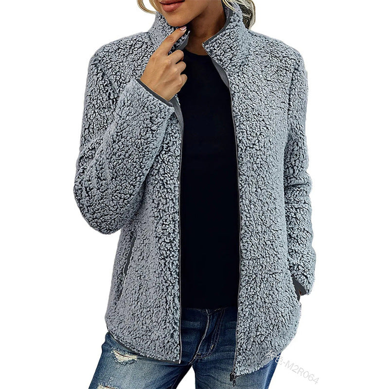 Damen Flauschige Fleecejacke mit hohen Kragen und seitlichen Taschen Heidi-Mode