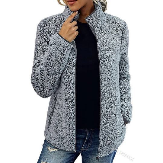 Damen Flauschige Fleecejacke mit hohen Kragen und seitlichen Taschen Heidi-Mode