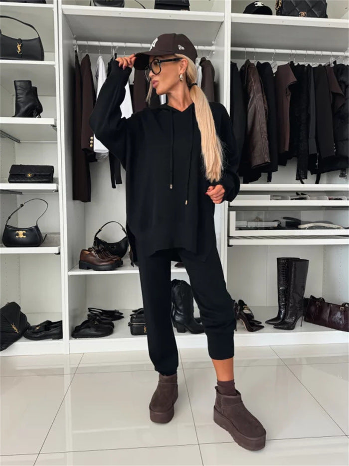 Damen modisches Freizeit-Loungewear-Set aus weichem Material mit Kapuze und weit geschnittenen Hosen Heidi-Mode