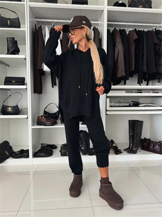 Damen modisches Freizeit-Loungewear-Set aus weichem Material mit Kapuze und weit geschnittenen Hosen Heidi-Mode