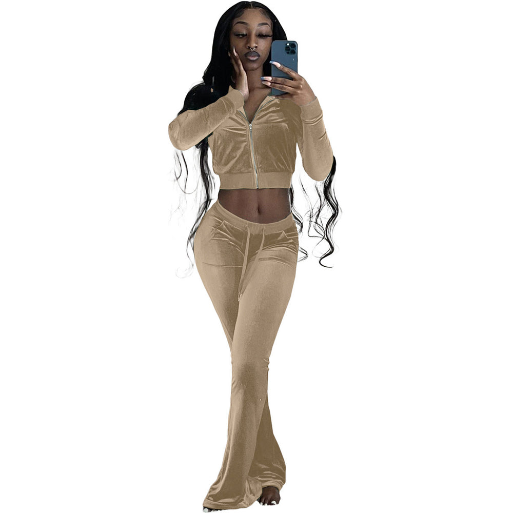 Damen Komfortables Lounge-Set aus weichem Veloursstoff mit Zip-Oberteil und weitem Bein Heidi-Mode