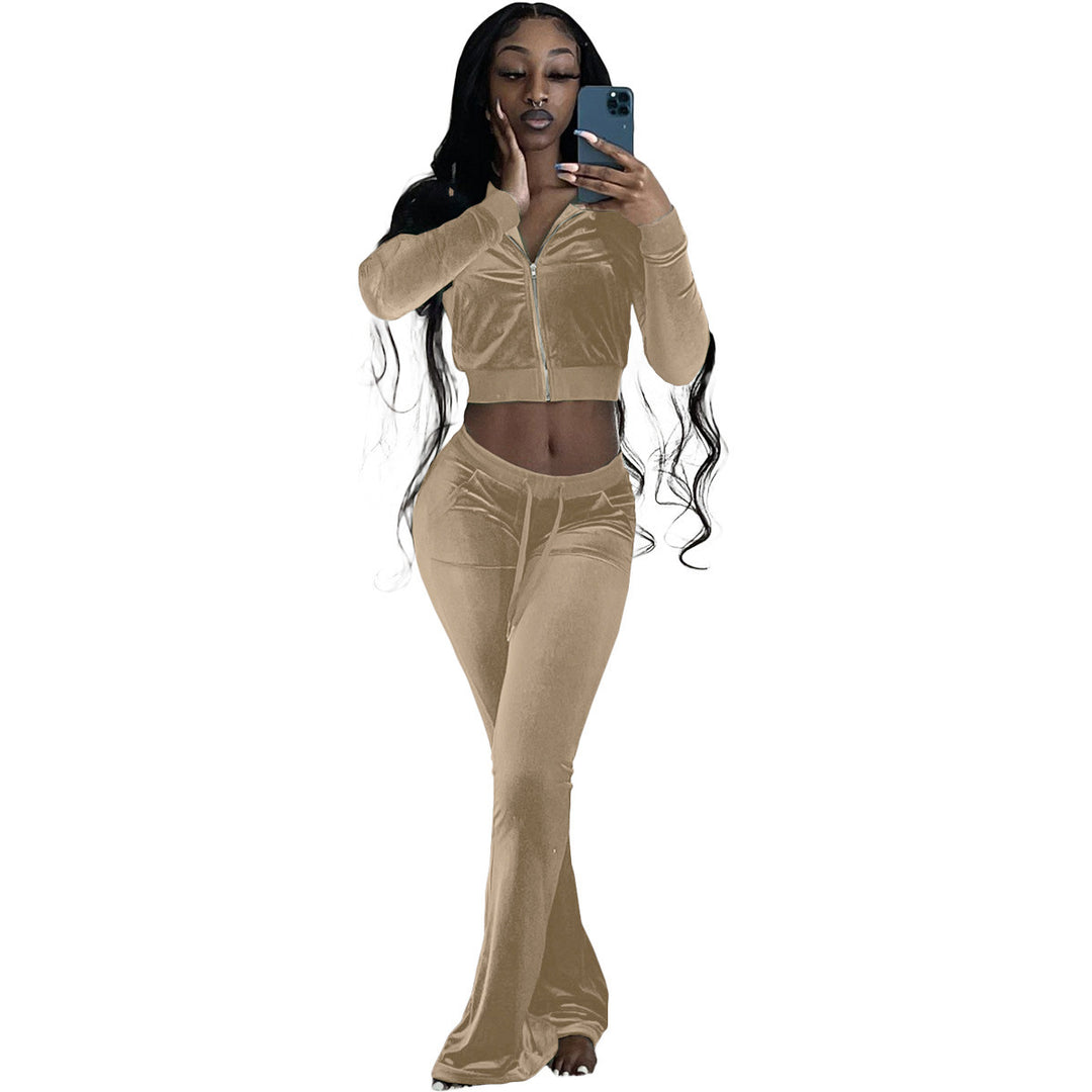 Damen Komfortables Lounge-Set aus weichem Veloursstoff mit Zip-Oberteil und weitem Bein Heidi-Mode