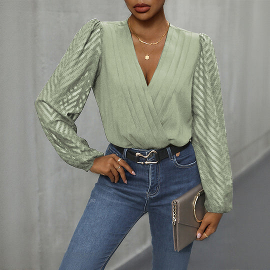 Damen elegantes Body mit voluminösen Ärmel und tiefem V-Ausschnitt Heidi-Mode