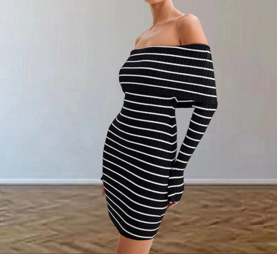 Damen Off-Shoulder Strickkleid mit langen Ärmeln und Streifenmuster Heidi-Mode