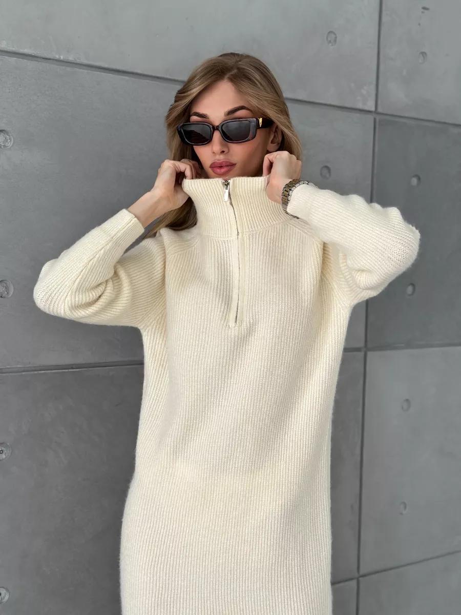 Damen Strickkleid mit Stehkragen und durchgehendem Reißverschluss Heidi-Mode