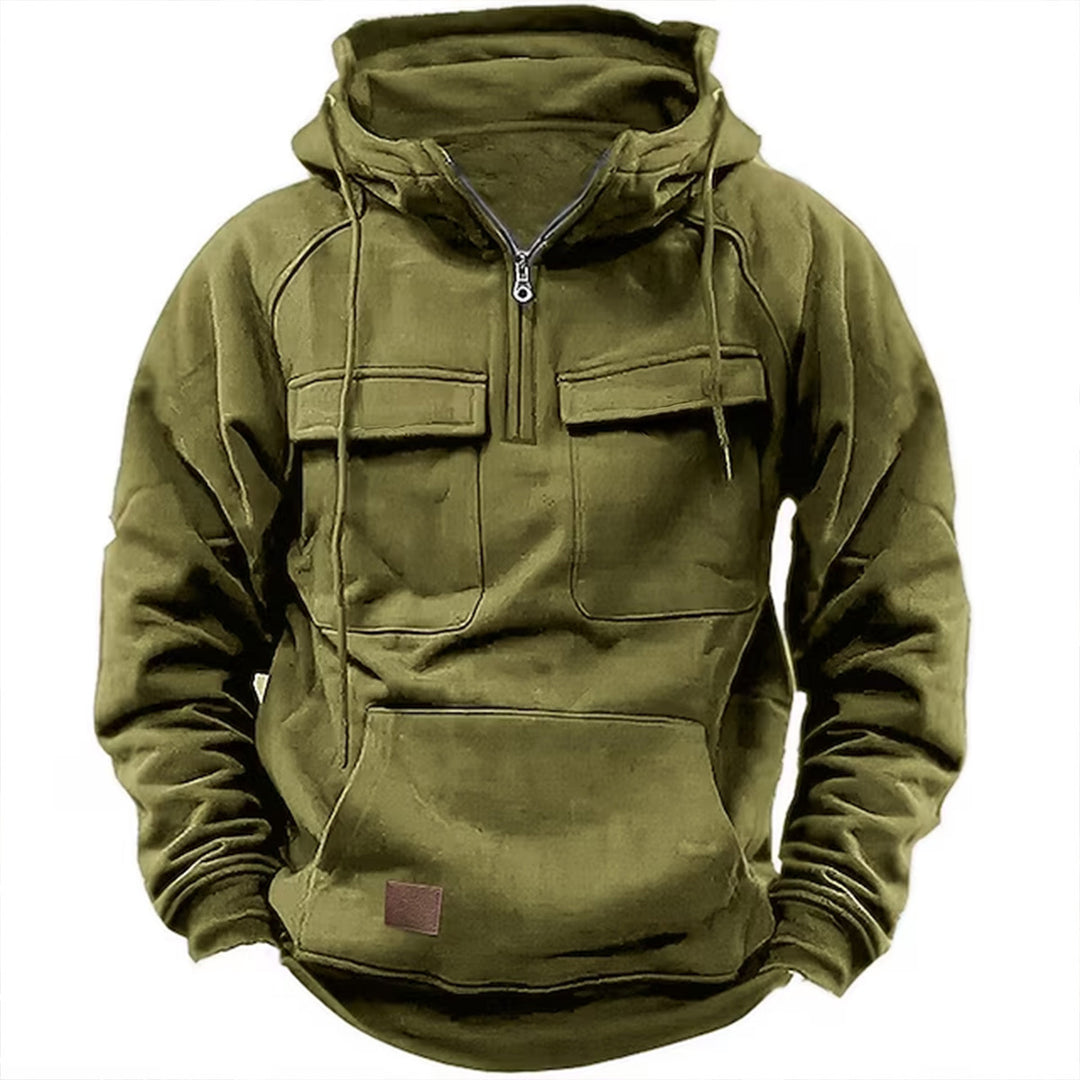 Herren Utility Hoodie mit aufgesetzten Taschen und halbem Reißverschluss Heidi-Mode