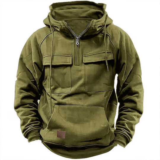 Herren Utility Hoodie mit aufgesetzten Taschen und halbem Reißverschluss Heidi-Mode