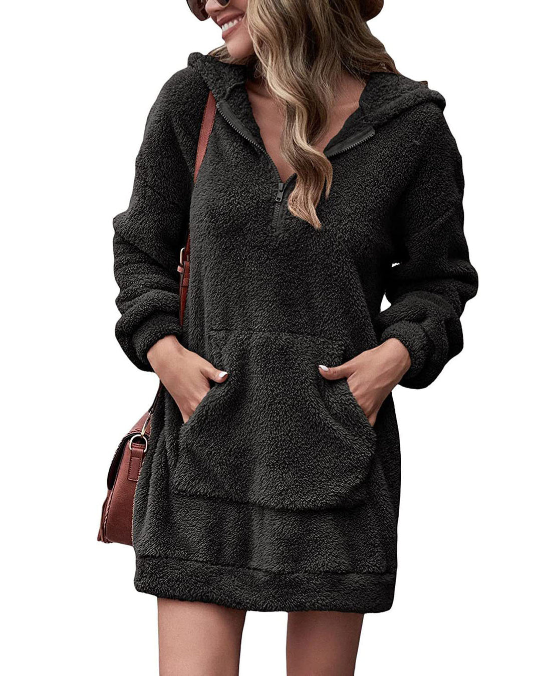 Damen Fleece-Kapuzenkleid mit Taschen und Reißverschluss Heidi-Mode
