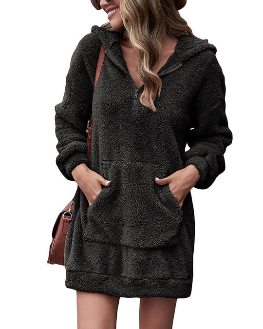 Damen Fleece-Kapuzenkleid mit Taschen und Reißverschluss Heidi-Mode