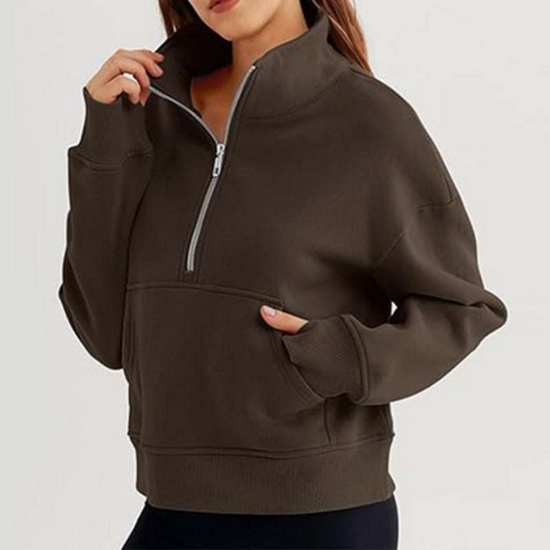 Damen lässiger Pullover mit hohem Kragen und kurzer Reißverschluss Heidi-Mode