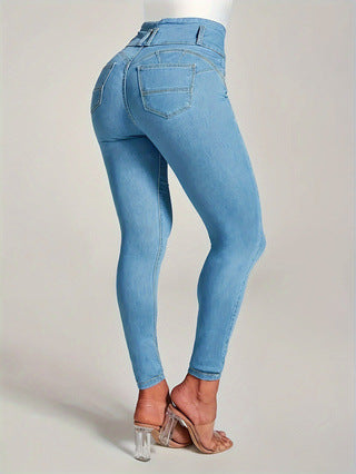 Damen Hochtaillierte Skinny Jeans mit modischem Knopfverschluss und dehnbarer Passform Heidi-Mode