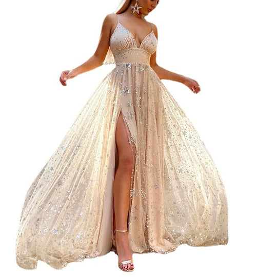 Damen Funkelndes Chiffon Abendkleid mit tiefem Schlitz und transparentem Rock Heidi-Mode