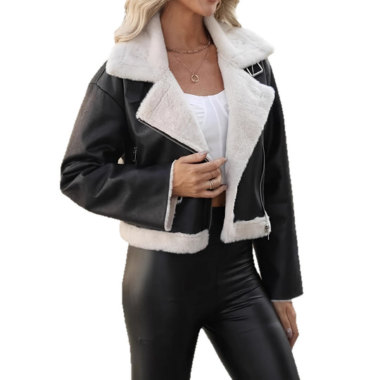 Damen Modische Kurzjacke mit Kunstfellkragen und praktischen Taschen Heidi-Mode