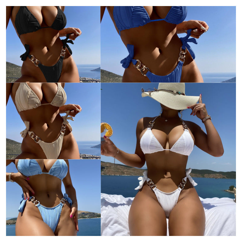 Femme Premium Geripptes Triangle Bikini Set mit Ketten-Detail Heidi-Mode