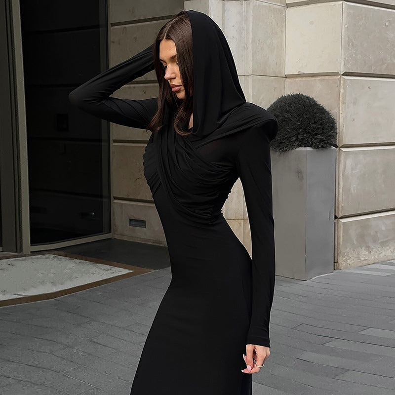 Damen elegantes Abendkleid mit Kapuze und figurbetonter Silhouette Heidi-Mode