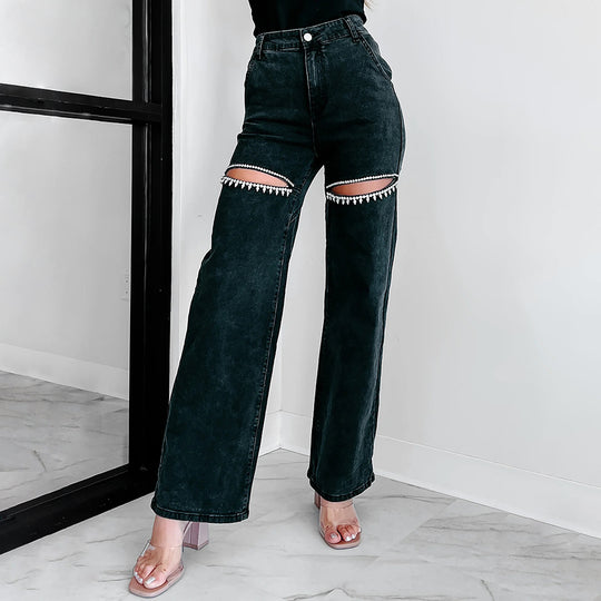 Damen Hochtaillierte Jeans mit durchbrochenem Design Heidi-Mode