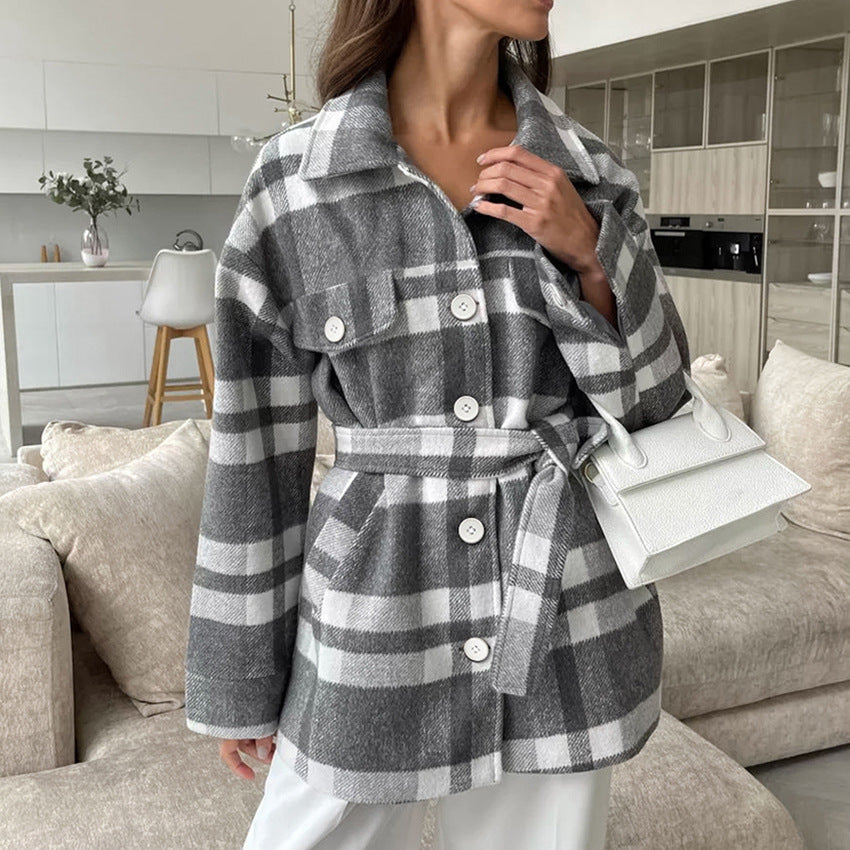 Damen Flanellhemdjacke mit Gürtel und Karomuster Heidi-Mode