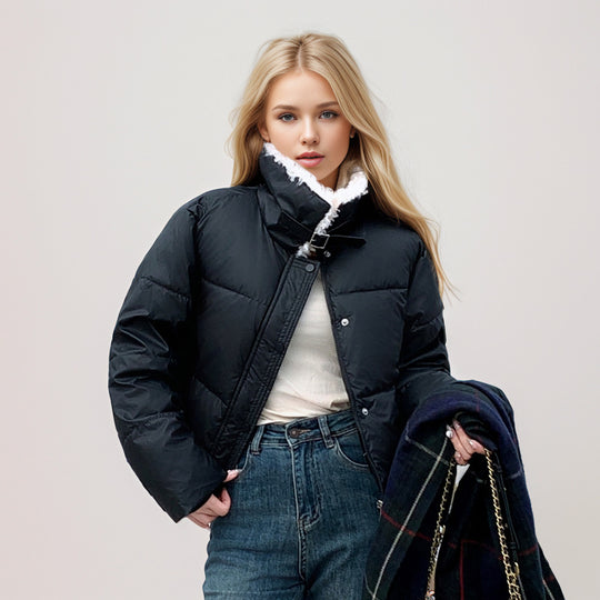 Damen kurze, gefütterte Winterjacke mit elegantem Kunstfellkragen Heidi-Mode