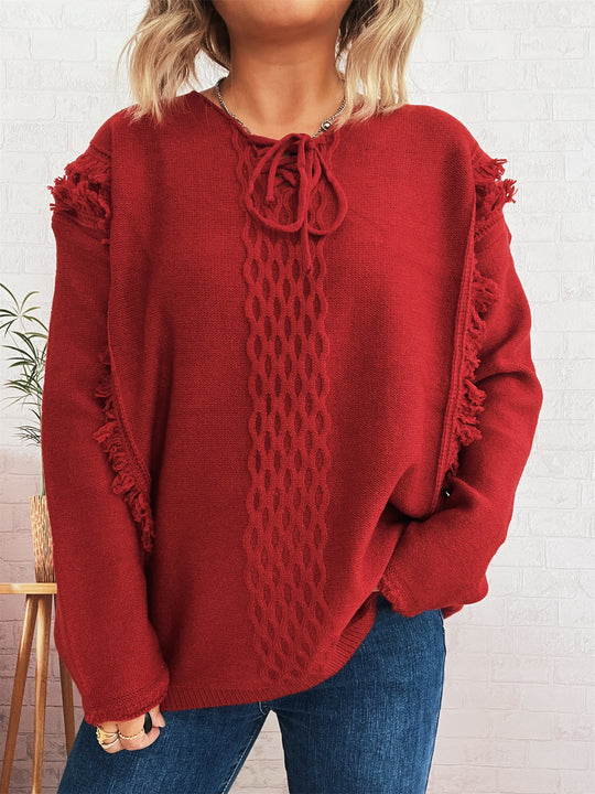 Damen Oversize-Strickpullover mit verspieltem Fransen-Design und Zopfmuster Heidi-Mode