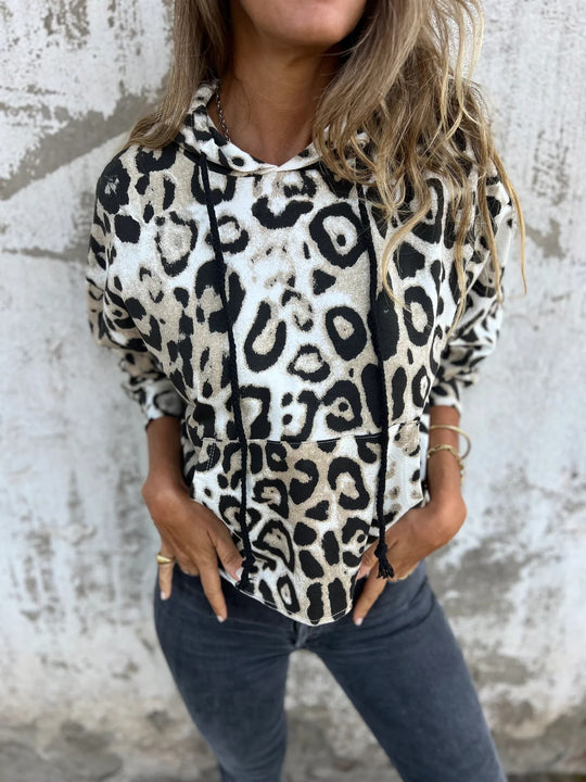 Damen Kapuzenpullover mit lässigem Leopardenmuster und praktischen Seitentaschen Heidi-Mode