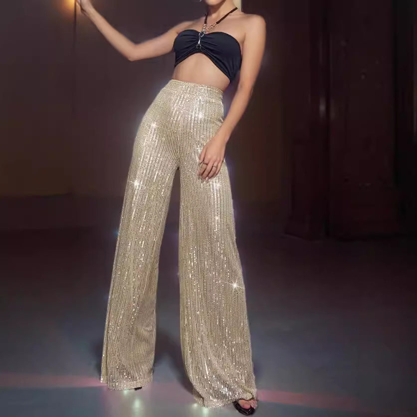 Damen Glamouröse Maxihose mit Glitzerstreifen und weitem Bein Heidi-Mode