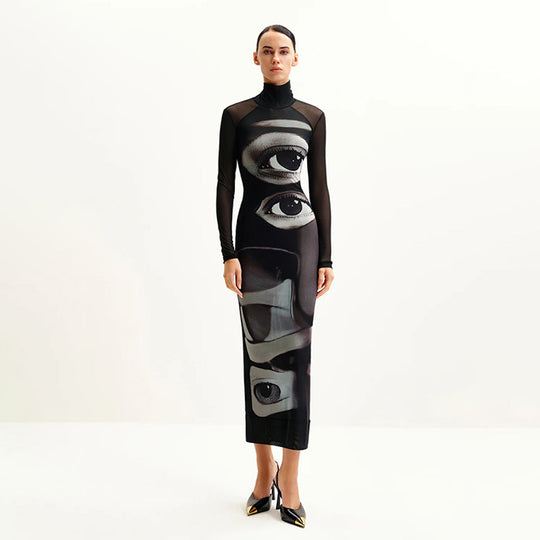 Damen Langarm Maxikleid mit grafischem Muster und hochgeschlossenem Kragen Heidi-Mode