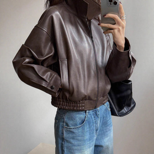 Damen Kunstlederjacke im sportlich-eleganten Schnitt mit elastischem Bund Heidi-Mode